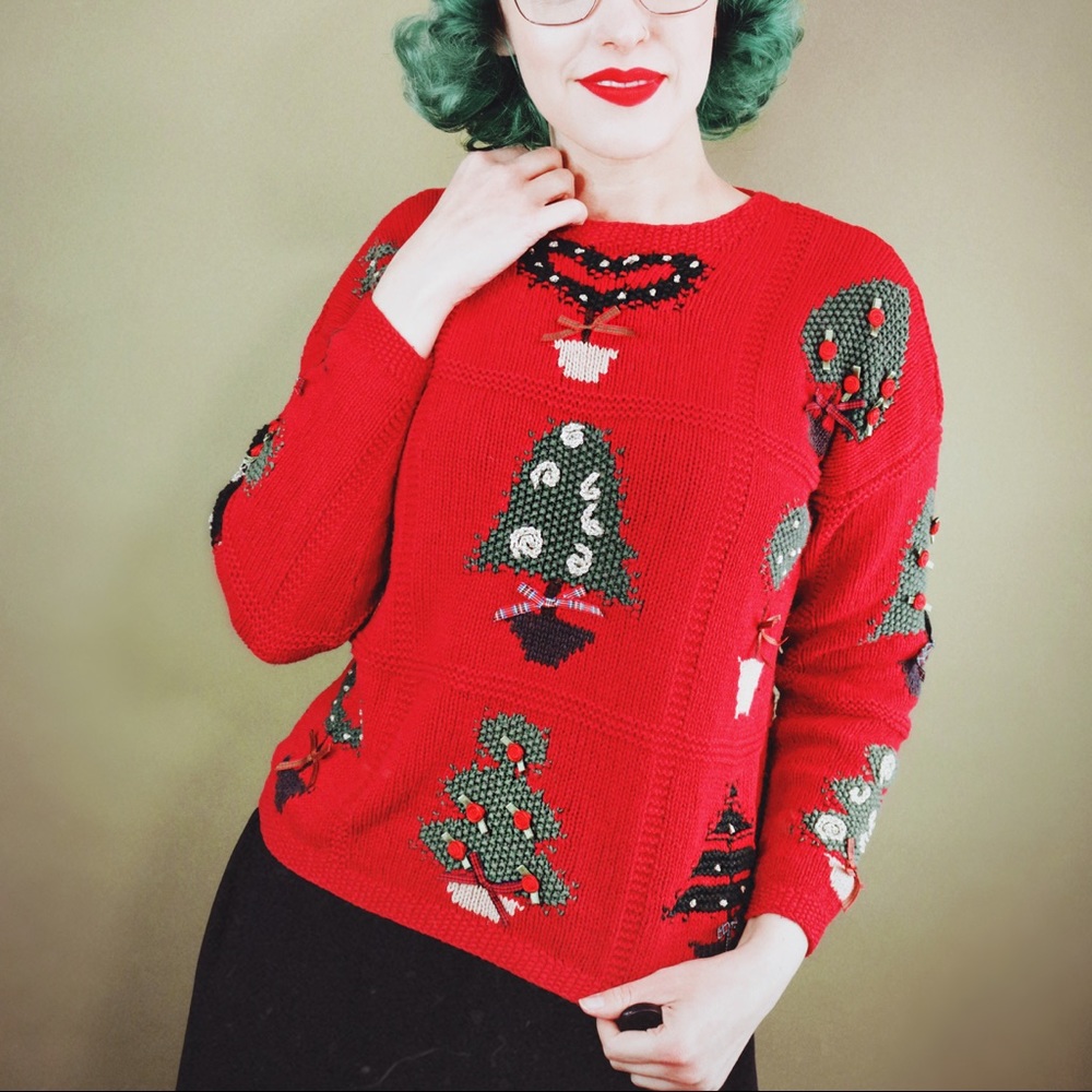 Red Hand Knit Vintage “Ugly Christmas” Sweater - Picture 2 of 3